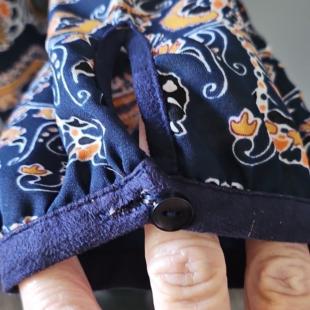 Valerie Stevens Navy, Orange, and Gold Patterned Popover Blouse - Picture 7 of 14